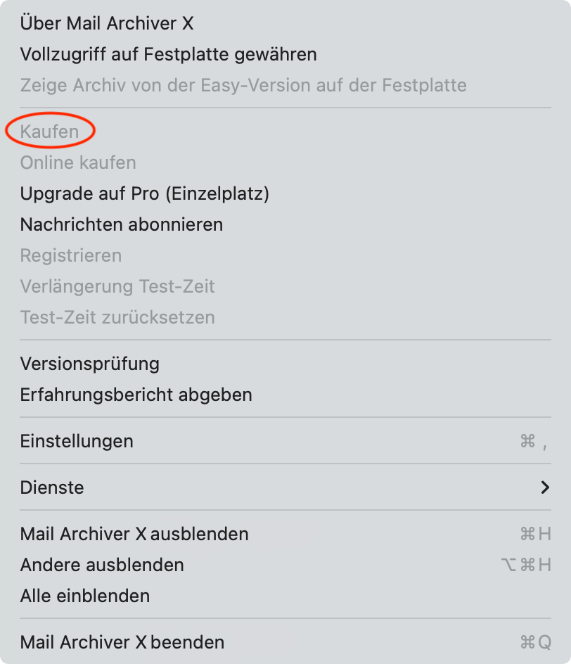 Kaufen im Menü auswählen