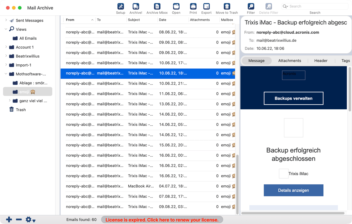 Main window with warning that license has expired