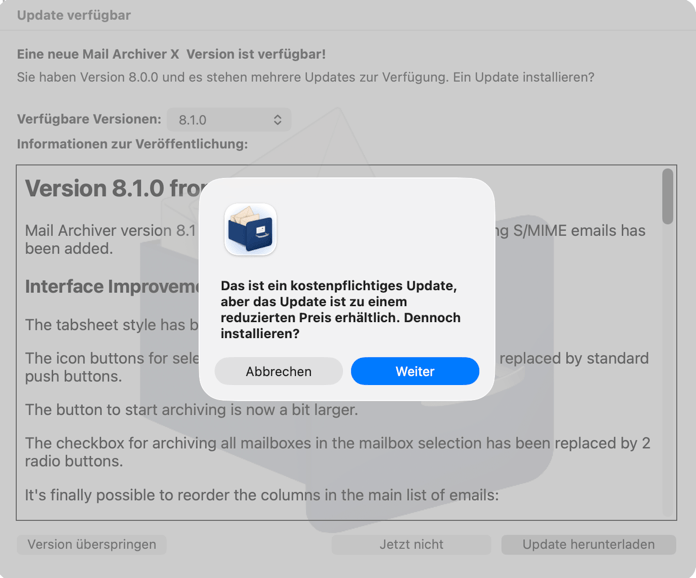 Warnung beim Überprüfen auf eine neue Version, daß die Version nicht kostenlos ist