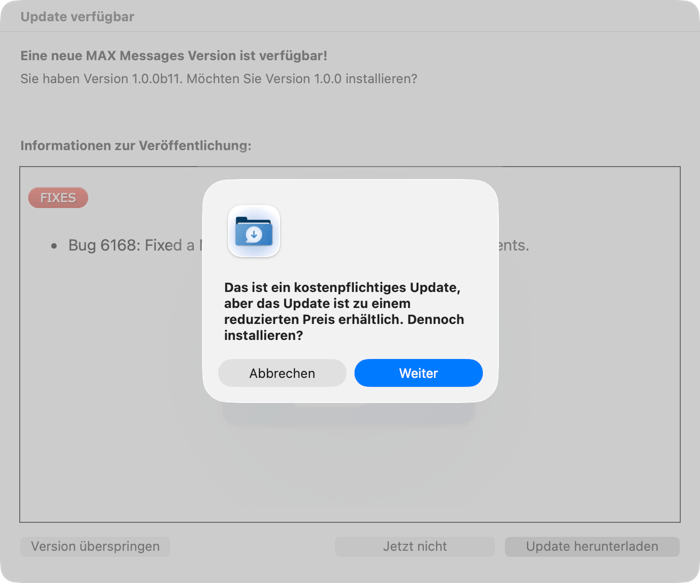Warnung beim Überprüfen auf eine neue Version, daß die Version nicht kostenlos ist